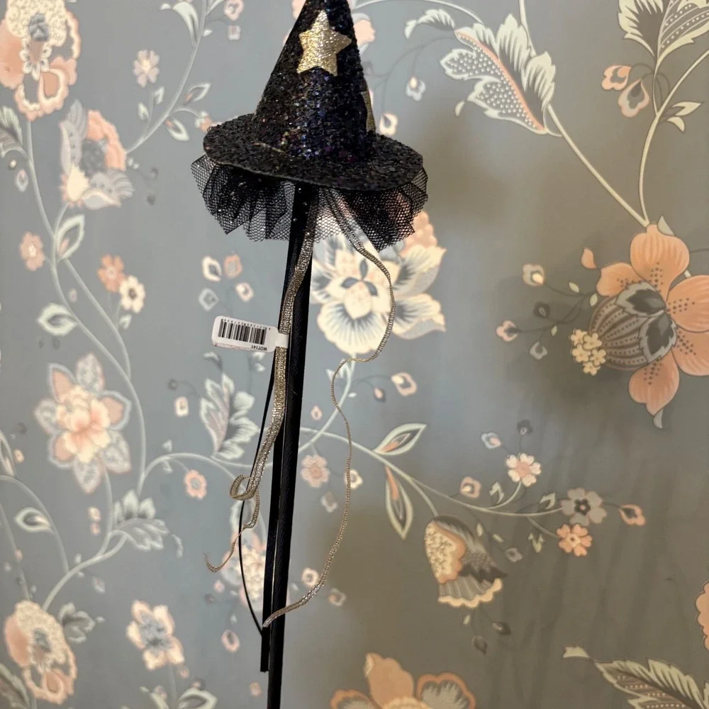 Pink Poppy Witch Hat Wand Black Glitter Stars Tulle Ribbon Halloween Costume NEW